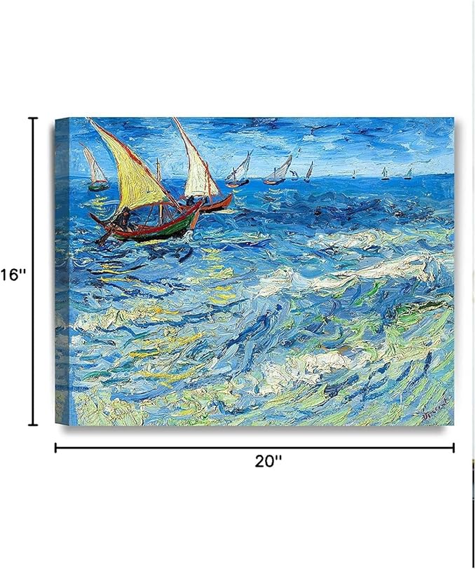DECORARTS - Fishing Boats At Sea, Vincent Van Gogh Art Reproduction. Giclee Canvas Prints Wall Art for Home Decor 20x16