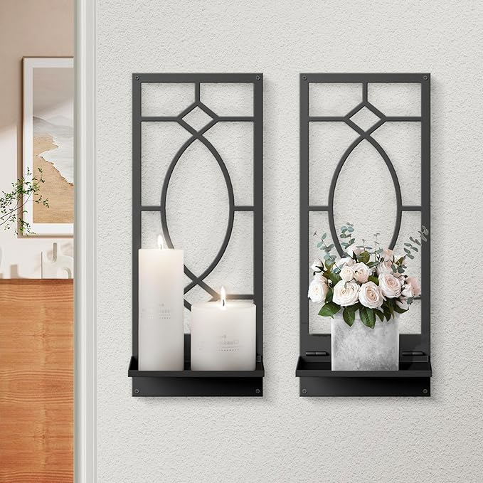 Candle Wall Sconces Set of 2, Black Metal Minimalism Wall Candle Holder for Living Room, Dining Room, Bedroom, Bathroom (2 Pack, 16.5 x 7 in)