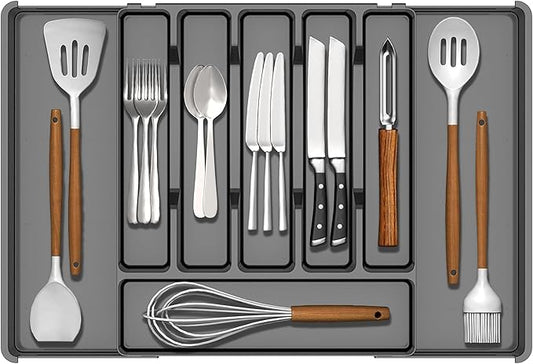 Silverware Drawer Organizer, Expandable Utensil Tray for Kitchen Drawers, BPA Free Flatware and Cutlery Holder, Adjustable Plastic Storage for Utensil like Spoons, Forks, Knives.Black