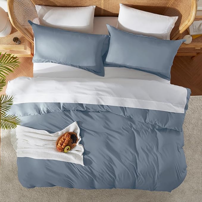 Nestl Full Duvet Cover Set with Comforter Insert - Stone Blue 4 Piece 80x90 Duvet Cover & 2 Pillow Shams with White Quilted Down Alternative Comforter, Ultra Soft, All Season