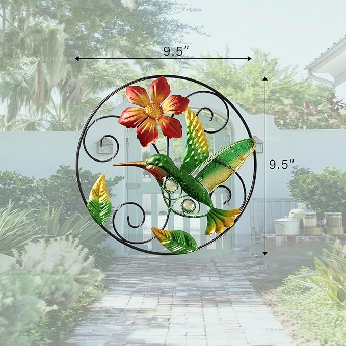 Jusimux 2 Pack the lovely Round metal/Glass Hummingbird and Flower wall Art Decor, 9.5 Inch Fence Decorations Outdoor Hanging Decor for Patio Bedroom Living Room Garden Yard
