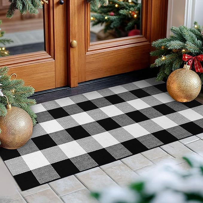 KOZYFLY Buffalo Plaid Area Rugs 2x4.3 Ft Black and White Checkered Rug Washable Front Door Mat Hand Woven Cotton Outdoor Rug Small Rug for Front Porch Kitchen Entryway Patio Bathroom