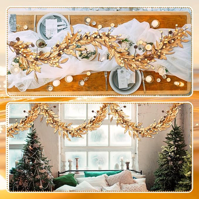 Dingion 6 ft Gold Christmas Leaf Garland with Berry and Pine Cone for Christmas Tree Mantle Gold Bay Leaf Garland Artificial Bayleaf Berry Garland Christmas Gold Leaves Garland for Xmas Holiday Decor