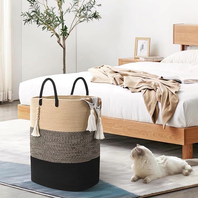 Woven Laundry Basket for Clothes, 65L Large Rectangle Laundry Hampers with Beads Tassel, Nursery Storage Basket for Toys, Tall Dirty Clothes Hamper for Bedroom Aesthetic, Laundry Room Organization