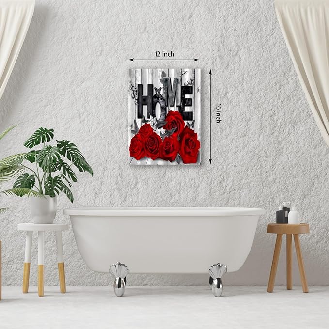 Floral Canvas Wall Art 12x16 Inch - Modern Red Rose Botanical Print for Bathroom, Couples Bedroom, Living Room, Kitchen - Vintage Farmhouse Style Home Decor