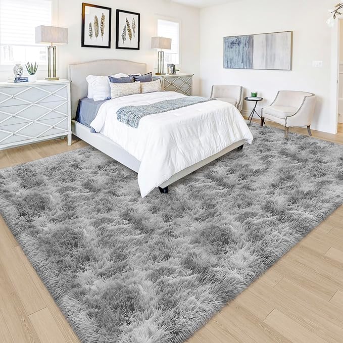 Tie Dye Grey Soft Shaggy Fluffy Rug for Living Room 6x9ft Anti-Skid Durable Area Rug Mat Bedside Throw Rug for Bedroom Kids Room Boys Teens Nursery Dorm Office Home Decor Carpets