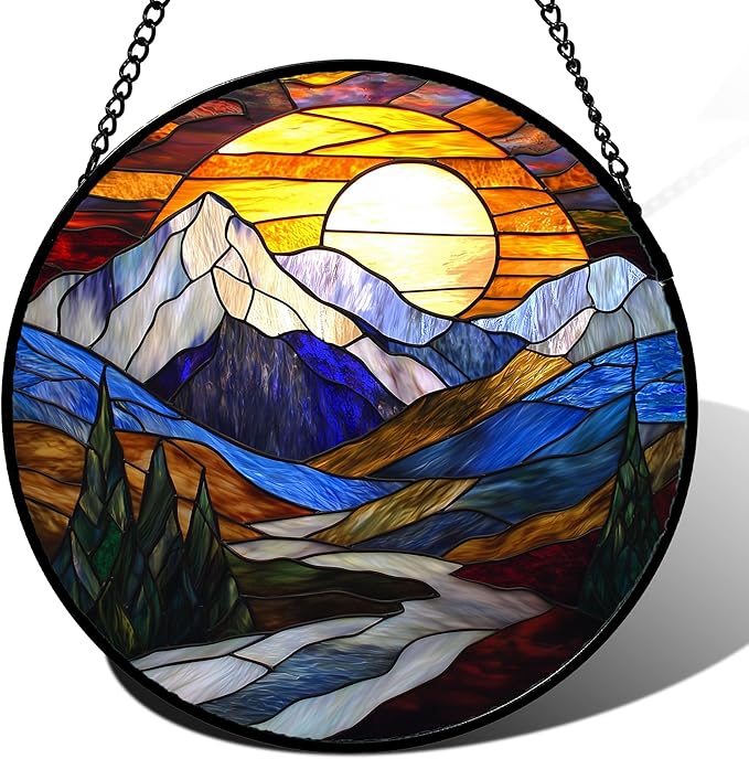 Stained Glass Window Hanging, Yellow Blue Sunset Mountains Scenery Sun Catcher for Window Home Decor Landscape Suncatcher Mother's Day Birthday Gifts for Women Men Mom and Nana 11.8 in