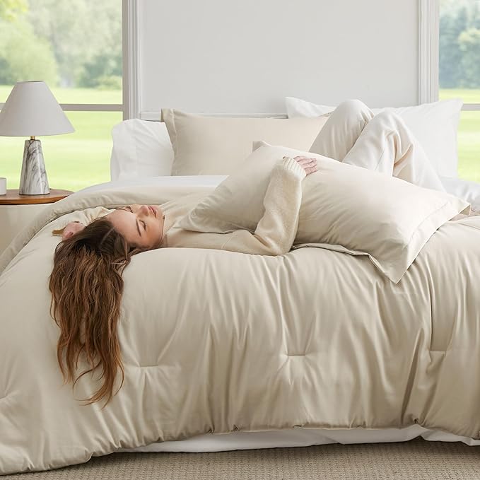 Bedsure Full Size Comforter Set - 7 Pieces Beige Full Bedding Set for All Seasons, Boho Contrasting Design Bed in a Bag with Comforter, Sheets, Pillowcases & Shams