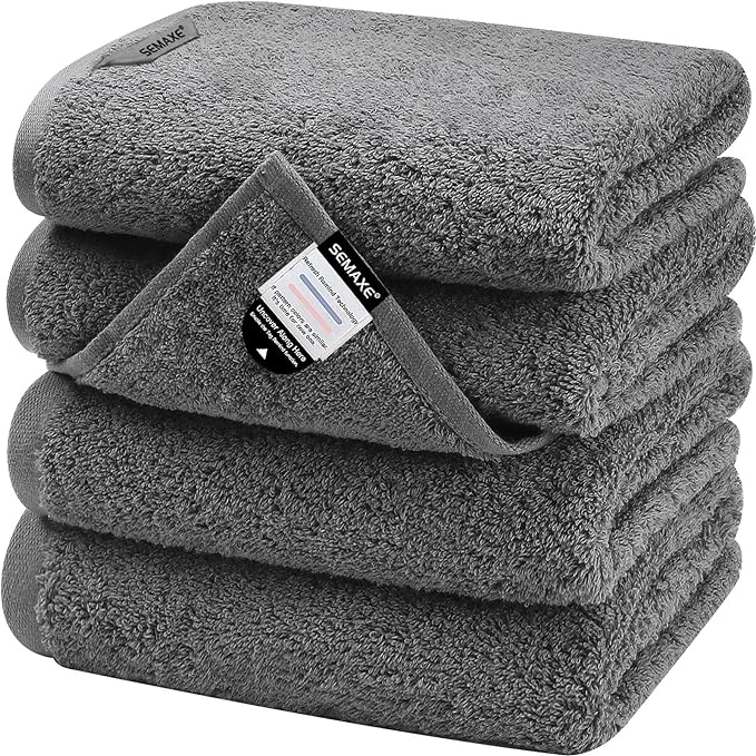 SEMAXE Hand Towel for Bathroom Set, 4 Piece 100% Cotton Gray Towels with Hanging Loops, Hotel Spa Quality Absorbent Towels, 27" L x 16" W, Gift Box Packaged