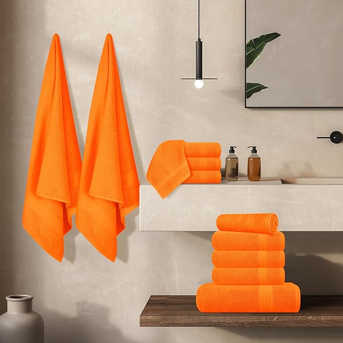 GLAMBURG Ultra Soft 24-Piece Towel Set - 100% Pure Ringspun Cotton, Contains 8 Oversized Bath Towels 27x54, 8 Hand Towels 16x28, 8 Wash Cloths 13x13 - Ideal for Everyday use, Hotel & Spa - Orange