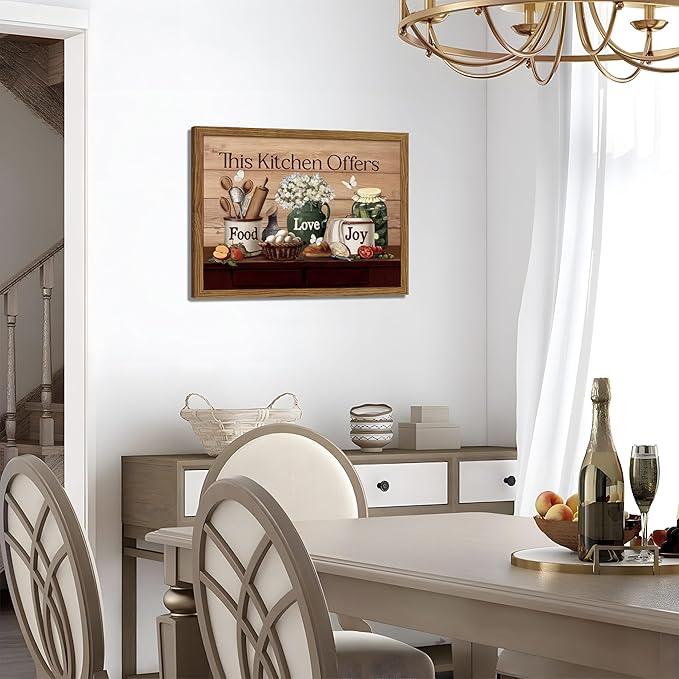 Kitchen Wall Art, Vintage Rustic Farmhouse Food Still Life Wall Decor Paintings, This Kitchen Offers Food Love and Joy Canvas Pictures Posters Prints for Dining Room Home Decor 12x16 Inch Wood Framed