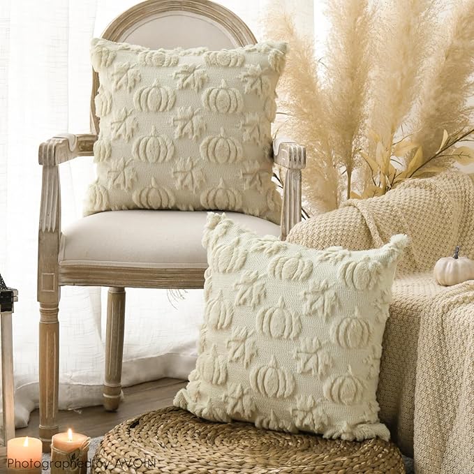 AVOIN colorlife Fall Pumpkin Maple Leaves Beige Throw Pillow Covers, 20 x 20 Inch Seasonal Autumn Thanksgiving Harvest Soft Plush Faux Fur Jacquard Cushion Case Decoration for Sofa Couch Set of 2