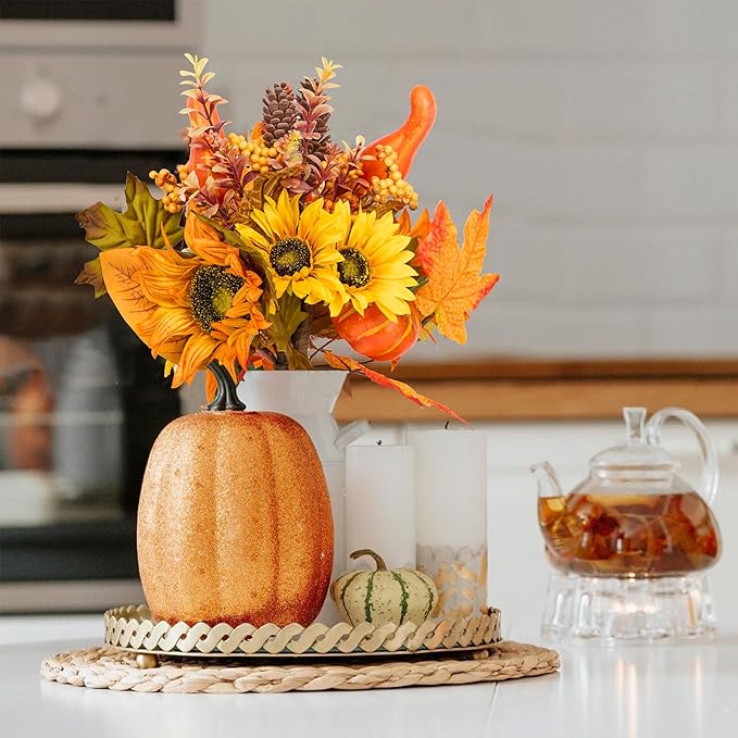 GENMOUS Fall Decor- 2Pcs Artificial Fall Flowers, Fall Picks Floral Arrangements Sunflower Pumpkin Autumn Decor Centerpieces Faux Flowers Maple Leaf Party Bridal Wedding Home Thanksgiving Decorations