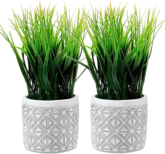 MyGift Artificial Grass Plant in Modern Gray Concrete Pot with Geometric Embossed Pattern, Tabletop Faux Greenery in Decorative Round Cement Planter, Set of 2