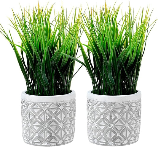 MyGift Artificial Grass Plant in Modern Gray Concrete Pot with Geometric Embossed Pattern, Tabletop Faux Greenery in Decorative Round Cement Planter, Set of 2