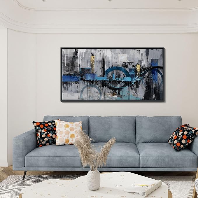 KLAKLA Abstract Canvas Wall Art - Blue and Gray Lnk Style Gold City Scenes Wall Decor Living Room Bedroom Decoration Black Frame Picture Artwork for Wall Modern Landscape Wall Decor