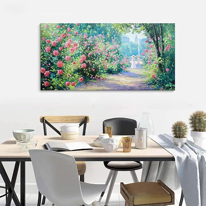 CHATYOUNG Canvas Wall Art Living Room, Blooming Roses Manor Landscape Painting Monet Style Wall Art Pink Flowers Picture Ready to Hang Bedroom Bathroom Kitchen Home Decor Gifts for Women 24"X48"