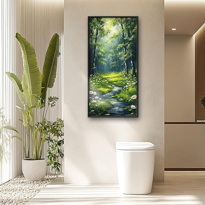 Green Forest Vertical Wall Art for Living Room, Large Tree Canvas Wall Decor, Daisy Flowers Pictures Framed Painting, Landscape Artwork for Bedroom Office Home Decor 60L'' × 30W''