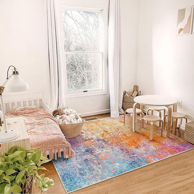 Lahome Modern Abstract Area Rug - 4x6 Colorful Living Room Rug Soft Bedroom Rug Washable Entryway Mat, Rainbow Non Slip Indoor Floor Throw Carpet for Basement Apartment Playroom Office
