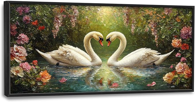 Swans Framed Wall Art for Living Room, Large Lake Loving Swans Canvas Wall Decor, Country Animal Pictures Painting, Natural Landscape Modern Artwork for Bathroom Bedroom 60L'' × 30W''