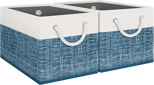 Fab totes Storage Bins [2-Pack], Foldable Storage Baskets for Organizing Toys, Books, Shelves, Closet, Large Storage Box with Rope Handles, Sturdy Organizer Bins, White & Blue