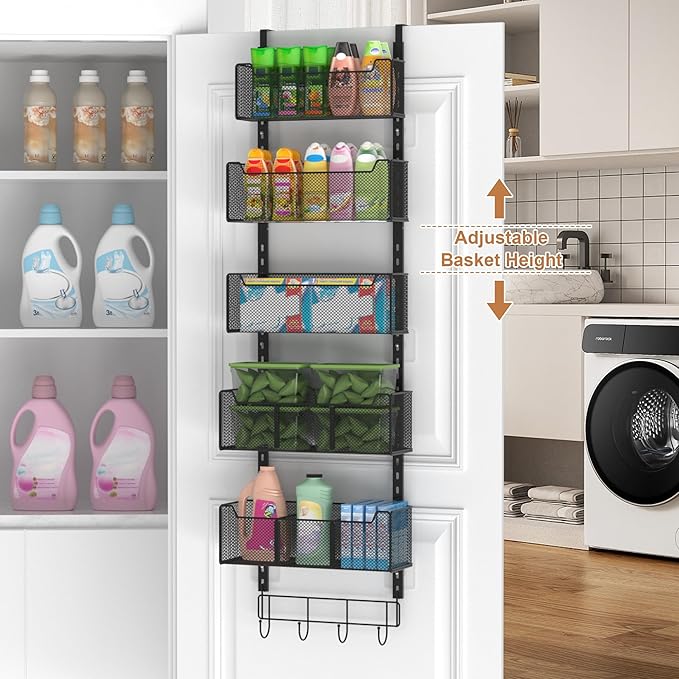 Over The Door Organizer, Metal Door Organizer Hanging with 5 Adjustable Baskets and Coat Hook, Behind The Door Storage for Bedroom Closet Bathroom Pantry Cabinet Kitchen, Black