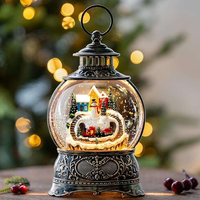 Christmas Village Snow Globe Lantern – LED Musical Swirling Glitter Water Globe, Snowy Village with Train, Battery or USB Powered, Auto Timer – Tabletop Decor & Gift