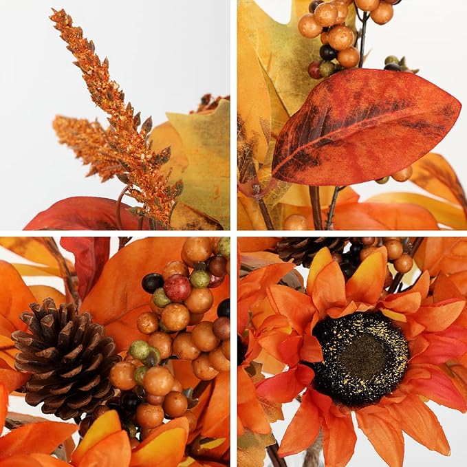 Briful Set of 2 16in Fall Orange Sunflower Picks and Sprays with Pinecones Berries Eucalyptus Leaves Artificial Fall Floral Branches Stems for Autumn Home Wedding Party Vase Centerpieces Decor