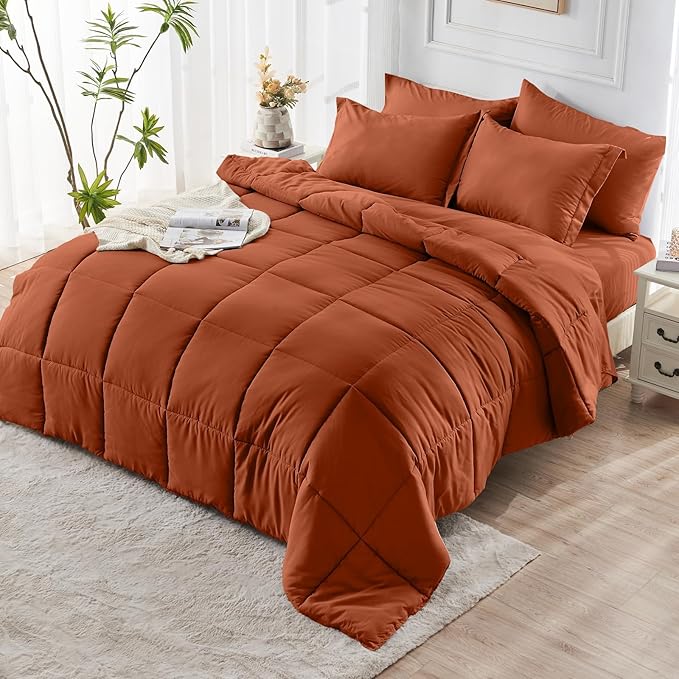JOLLYVOGUE California King Comforter Set, Ultra-Soft Bed in a Bag Cal King Size 7 Pieces, Oeko-TEX Certified Bedding Set with Down Alternative Comforter, Sheets, Pillowcases & Shams, Burnt Orange