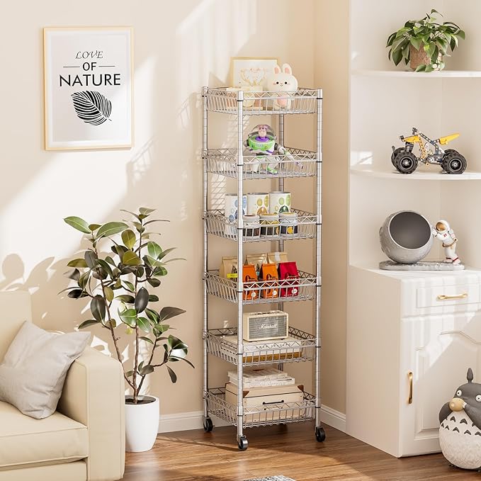 SINGAYE Shelf Storage Wire Shelving：Shelves Rack Standing Units with Wheels Closet Organizers Metal Pantry Kitchen Laundry Room Adjustable 13.5" D x 13.5" W x 63" H Silver