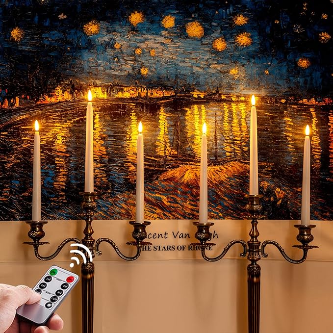 Homemory 11 inches Waxy Battery Operated Taper Candles with Remote Timer Dimmer, 6 Pcs Flameless Taper Candles with Flickering Flame, White Candlesticks Battery Powered for Ceremony Memorial Decor