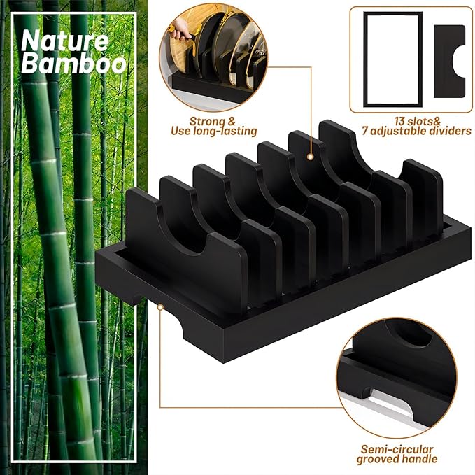 Bamboo Pot and Pan Organizer, Pot Lid Organizer Holder Rack for Countertop Drawer, Kitchen Cabinet Organizer with 7 Adjustable Dividers for Pots, Pans, Baking Sheets, Cutting Boards, Black