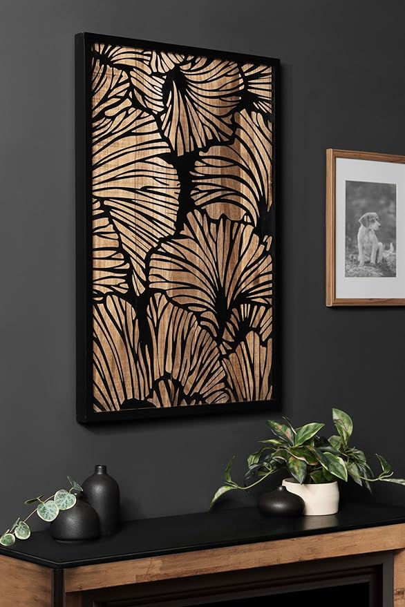 Kate and Laurel Sago Modern Decorative Wood Art Plaque; 23 x 33; Black and Rustic Brown; Painted Wood Floral Wall Art with Dimensional Design for Living Room Decor