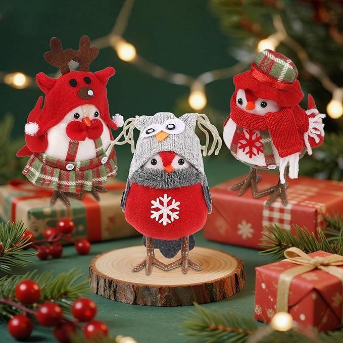 3 Pack Christmas Table Decorations - Small Bird Figurines, Red Cute Xmas Ornaments for Table Top, Desktop, Mantel, Kitchen Decor, Holiday, Winter Party Gifts