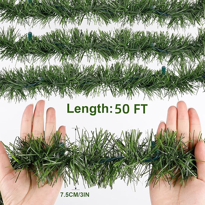Biswing 50FT Pre-lit Christmas Green Garland, Lighted Artificial Pine Garlands with 100 Count Clear Incandescent Mini Lights, Light Up for Indoor Outdoor Gate Home Winter Holiday New Year Decorations