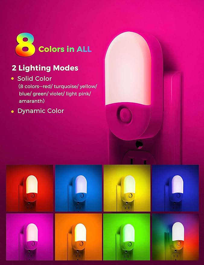 LOHAS Night Light for Kids [2 Pack], 8-Color Changing Night Lights Plug into Wall, RGB LED Nightlights, Nightlight with Light Sensor, Cute Night Light for Bathroom Decor, Children Room, Kids Gift