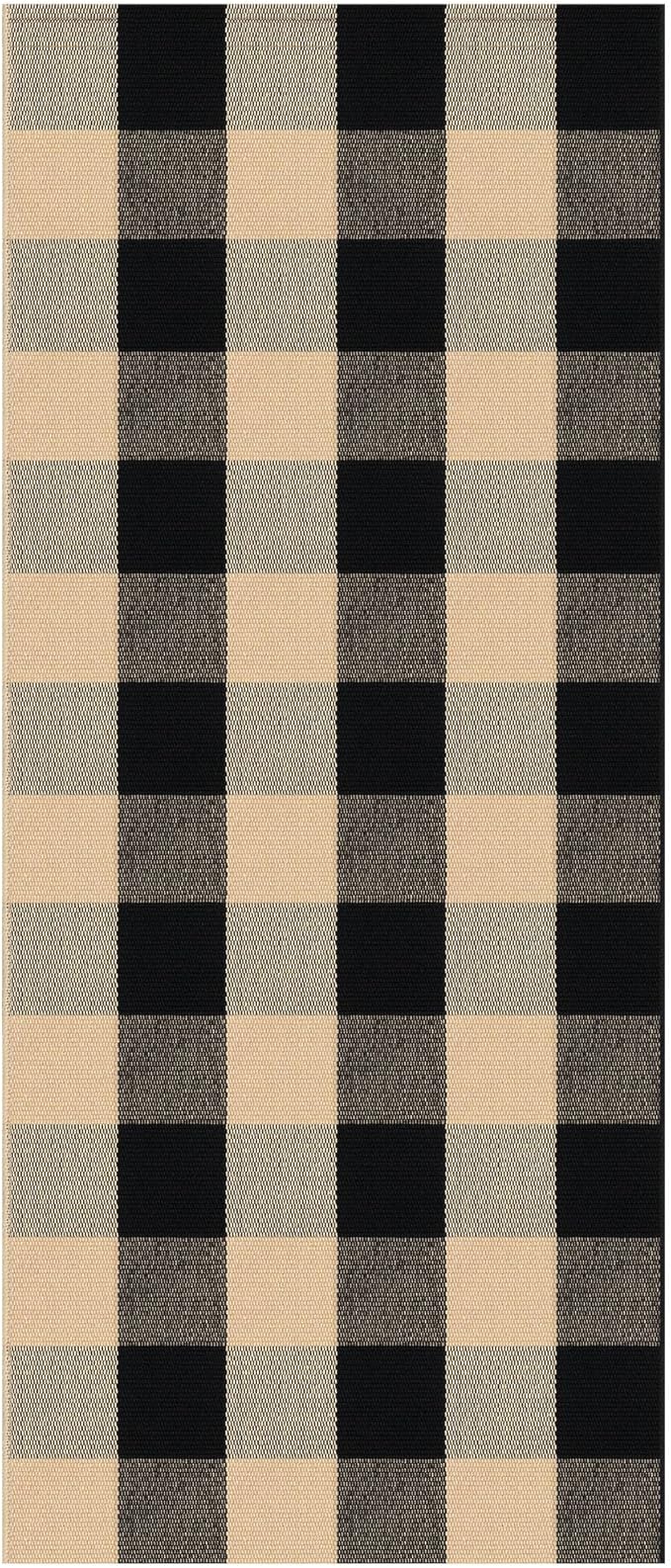 KOZYFLY Buffalo Plaid Area Rugs 2x4.3 Ft Brown and Black Checkered Rug Washable Front Door Mat Hand Woven Cotton Outdoor Rugs Small Rug for Front Porch Kitchen Entryway Patio Bathroom