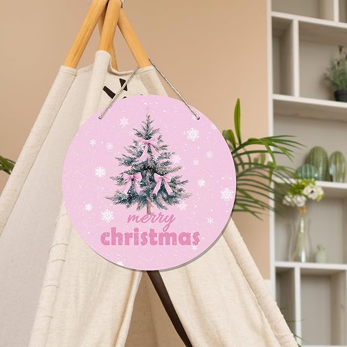 CGBHW Pink Christmas Wooden Sign, Coquette Aesthetic Christmas Tree Xmas Bows Hanging Sign Wall Decor for Girls Room Home, Winter Holiday Snowflake Door Decor 12 x 6 Inch