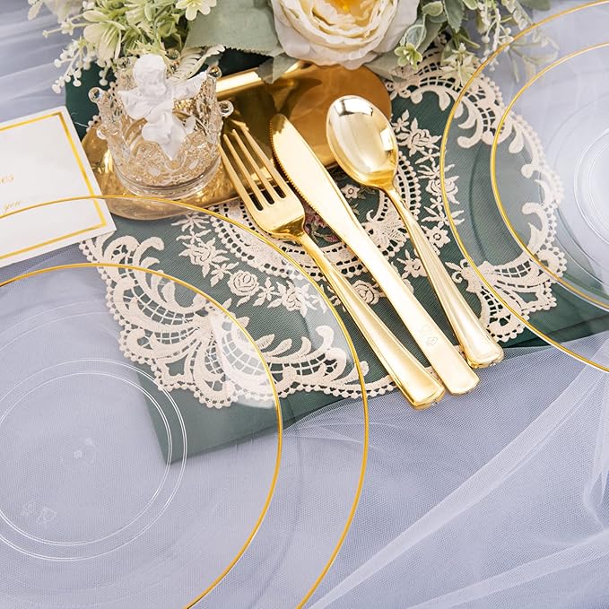 Nervure 100 Pieces Clear and Gold Plastic Plates - 10.25inch Gold Dinner Plate - Heavyweight Clear Disposable Plates Ideal for Party & Wedding & Thanksgiving