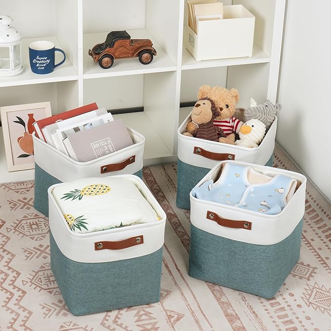 DULLEMELO 11x11 Cube Storage Bins for Organizer, Foldable Cube Storage Bins for Organizing Home Office Closet Shelves, Fabric Cube Baskets for Home Organization(4 Pack - White&Deep Green)