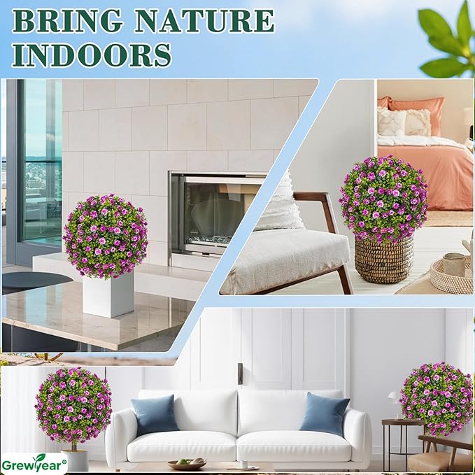 Artificial Purple Rose Topiary Ball Trees with Ground Spike Set of 2, Faux Boxwoods for Outdoor Planters, UV Resistant Artificial Outdoor Plants for Porch, Fake Bushes Round Shrub