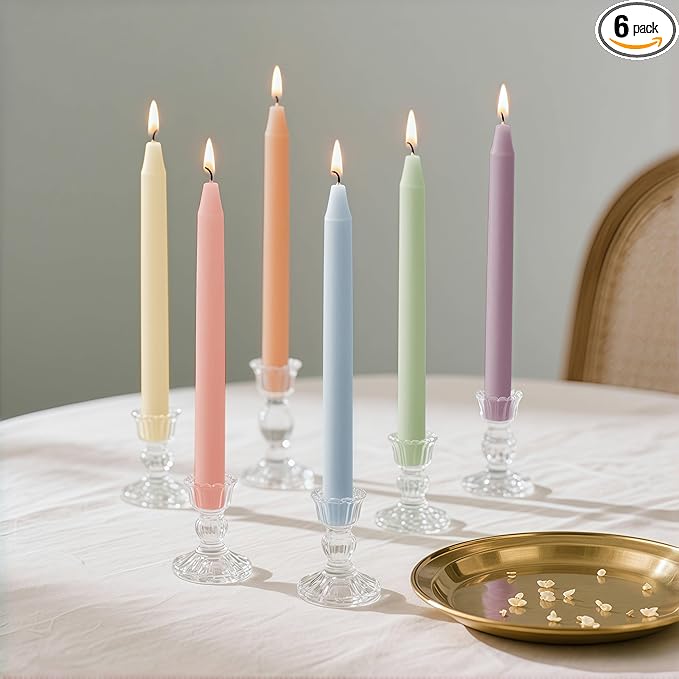 6Pcs Pastel Taper Candles,10 Inch Pastel Candle Sticks, Dripless Unscented Colored Candlesticks,Colorful Candle Set for Birthday,Wedding,Garden Party Decor,Home Dining Table,Elegant French