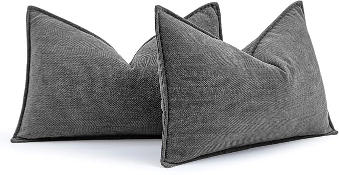 MIULEE Pack of 2 Dark Grey Decorative Lumbar Pillow Covers 12x20 Inch Soft Chenille Luxurious Couch Throw Pillows Farmhouse Cushion Covers with Elegant Design for Sofa Bedroom Living Room Home Decor