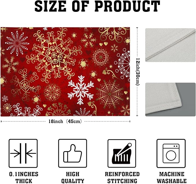 Red Snowflake Placemats 12×18 Inches Set of 4 Holiday Indoor Kitchen Dining Table Place Mats for Home Party Decoration