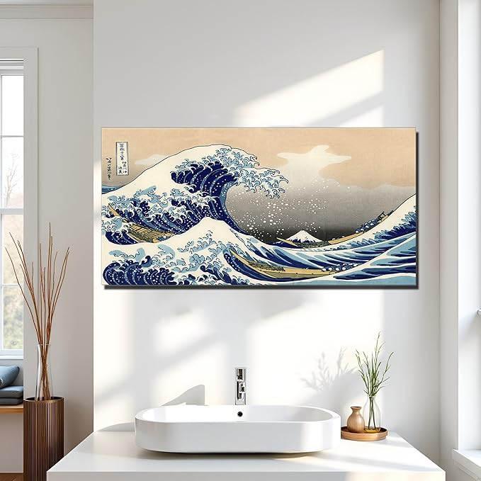 QBQT The Great Wave Off Kanagawa Japanese Famous Painting Prints Home Office Bedroom Decor Large Artwork for Living Room Kitchen Hallway Wall Decor Frame 20x40inch