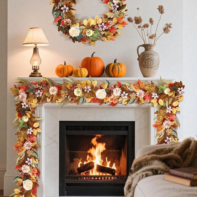 Fall Garland with Lights, 6 FT Fall Leaves Vine Garland with Pumpkins Sunflower Dahlia Flower Autumn Artificial Maple Leaf Decorations for Mantle Outdoor Indoor Thanksgiving Halloween Window Decor