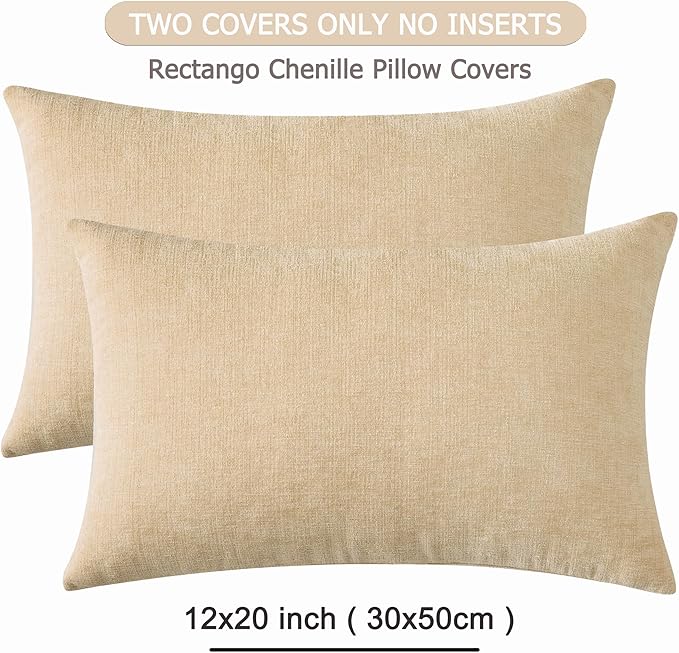 GAWAMAY Decorative Rectangle Throw Pillow Covers 12"x20" Inch Set of 2, Soft Chenille Fall Lumbar Support Pillow Cases for Living Room Bedroom Sofa Couch Cushion Cover Beige 30x50cm (No Inserts)