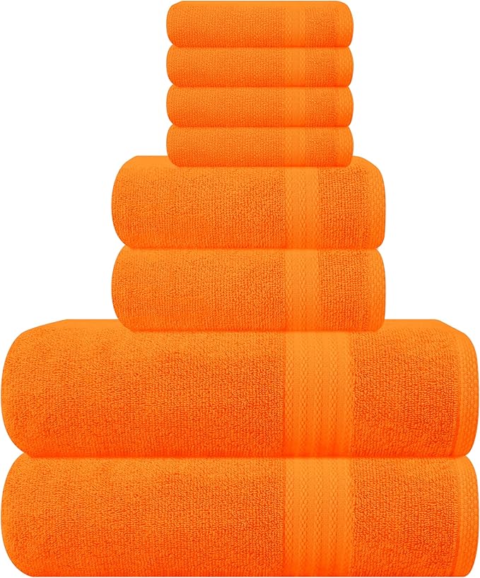 GLAMBURG Ultra Soft 8-Piece Towel Set - 100% Pure Ringspun Cotton, Contains 2 Oversized Bath Towels 27x54, 2 Hand Towels 16x28, 4 Wash Cloths 13x13 - Ideal for Everyday use, Hotel & Spa - Orange