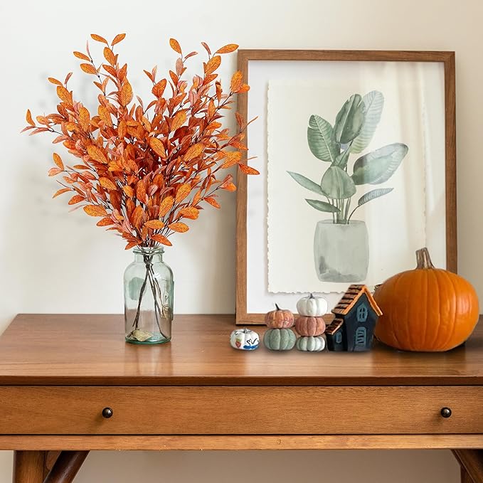 Sggvecsy 6 Pcs Artificial Fall Eucalyptus Stems Fall Eucalyptus Leaves Silk Autumn Leaf Branches Fall Decorations for Home Vase Thanksgiving Table Centerpieces Harvest Festival Decor (Orange)