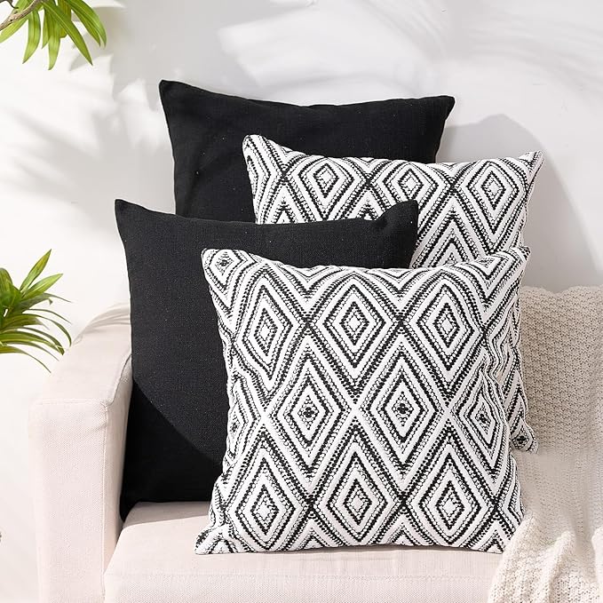 HPUK Decorative Throw Pillow Covers Set of 4 Geometric Design Linen Cushion Cover for Couch Sofa Living Room, 20"x20" inches, Black